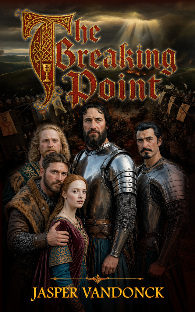 c | Book Cover Design Poster for The Breaking Point showing five medieval characters in armor (center bearded man, two men, woman front, one man behind) against a battle backdrop with dramatic sky.
