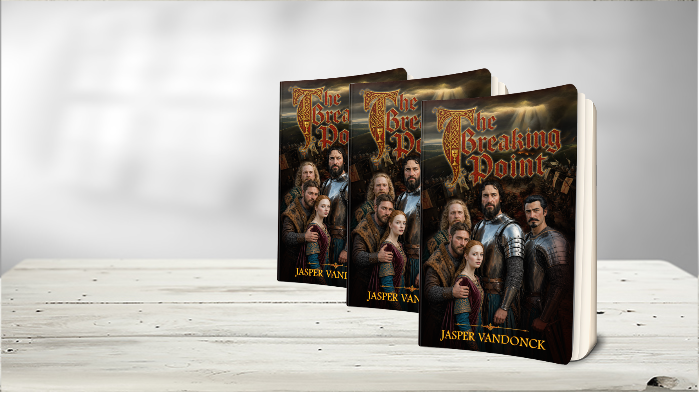 Three copies of a fantasy novel titled The Breaking Point by Jasper Vandonck standing on a light wooden table.